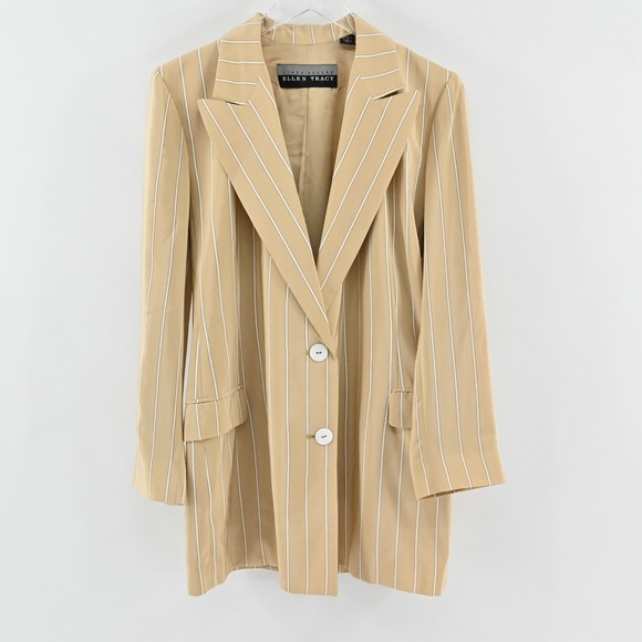 Linda Allard Ellen Tracy Womens Silk Blazer Size 2 Striped Tan Long Line Career‎ - Picture 2 of 16